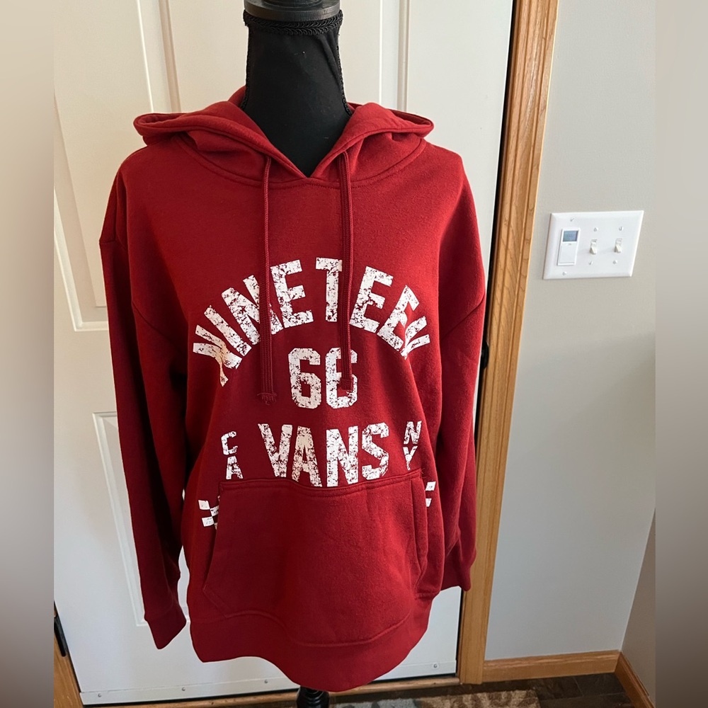 New women Vans red Koollege pullover distressed graphic hoodie. Size large